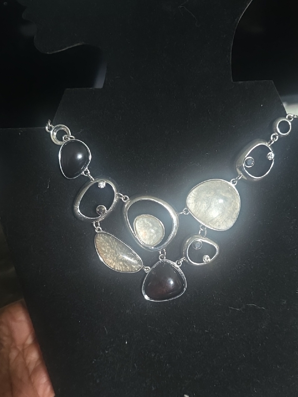 Silver Statement Necklace with Black and Gray Stones